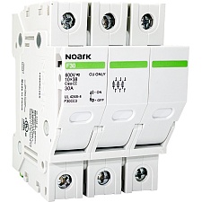 The Noark F30CC3L is a 3-pole Class CC fuse holder rated for 30A and 600Vac/Vdc, featuring an int...