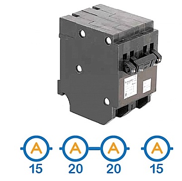 CHOMT1515220 Homeline QUAD 2 X 1 POLE 15 AMP + 1 X 2 POLE 20 AMP PUSH ON CIRCUIT BREAKER