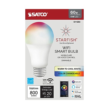 SATCO S11254 10W A19 WiFi Smart LED Color-Changing Light Bulb