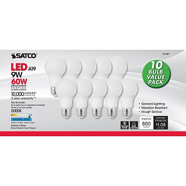 SATCO S11401 9W 120V 3000K A19 Medium Base Non-Dimmable LED Lamp (10/Pack) Warm White