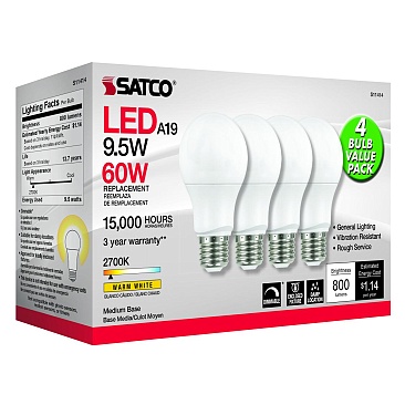 SATCO S11414 9.5W 120V 2700K A19 Medium Base Dimmable LED Lamp (4/Pack) Warm White