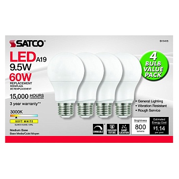 SATCO S11415 9.5W 120V 3000K A19 Medium Base Dimmable LED Lamp (4/Pack) Warm White