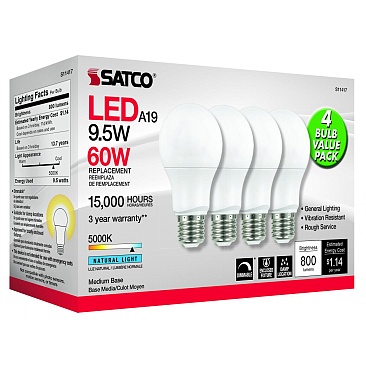 SATCO S11417 9.5W 120V 5000K A19 Medium Base Dimmable LED Lamp (4/Pack) Natural Light