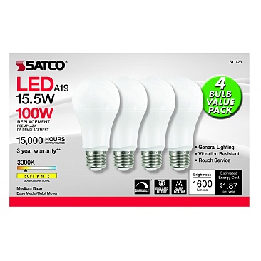 SATCO S11423 15.5W 120V 3000K A19 Medium Base Dimmable LED Lamp (4/Pack) Warm White