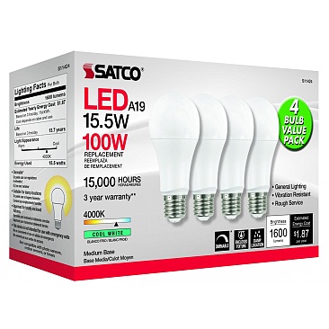 SATCO S11424 15.5W 120V 4000K A19 Medium Base Dimmable LED Lamp (4/Pack) Cool White