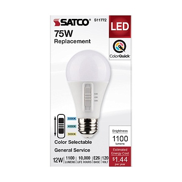 SATCO S11772 12W 120V 3CCT A19 Non-Dimmable LED Lamp