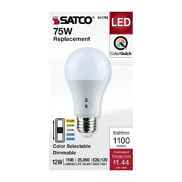 SATCO S11792 12W 120V 5CCT A19 Dimmable LED Lamp