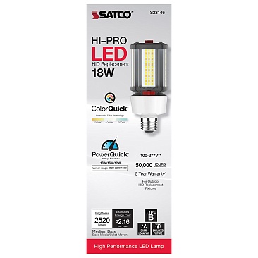 SATCO S23146 18W/16W/12W 100V-277V 3CCT Hi-Pro Series Commercial LED Lamp