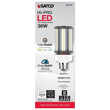 SATCO S23149 36W/27W/18W 100V-277V 3CCT Hi-Pro Series LED HID Replacement