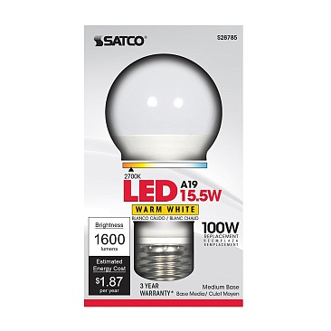 SATCO S28785 15.5W 120V 2700K A19 Medium Base Non-Dimmable LED Lamp Warm White