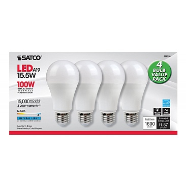 SATCO S28790 15.5W 120V 5000K 1600LM A19 Medium Base Non-Dimmable LED Lamp (4/Pack) Natural Light