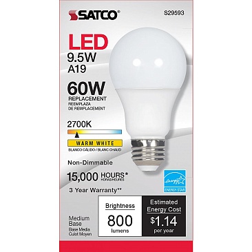 SATCO S29593 9.5W 120V 2700K A19 Non-Dimmable LED Lamp