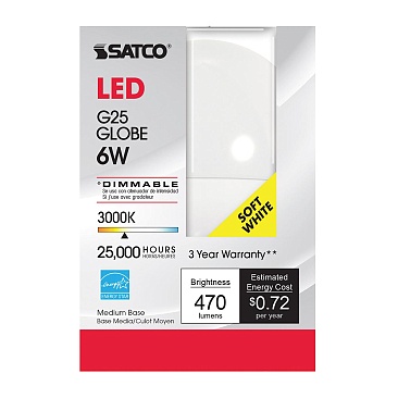 SATCO S9201 6W 120V 3000K G25 Globe LED Lamp