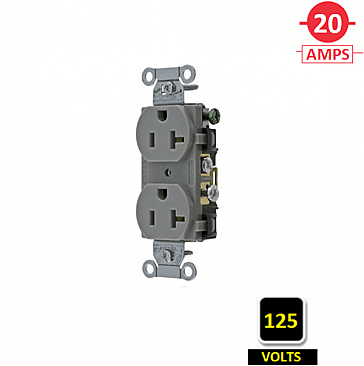 CR20GRYTR Hubbell 20A 125V TAMPER-PROOF SPEC GRADE DUPLEX RECEPTACLE, GREY, SIDE-WIRED ONLY