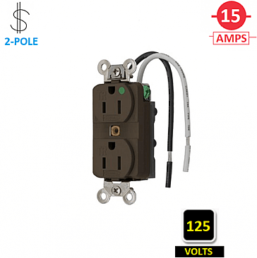 HBL8200SGA Hubbell 15A 125V HOSPITAL-GRADE DUPLEX RECEPTACLE WITH WIRE LEADS, BROWN