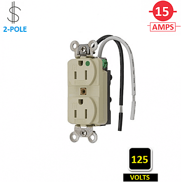 HBL8200SGIA Hubbell 15A 125V HOSPITAL-GRADE DUPLEX RECEPTACLE WITH WIRE LEADS, IVORY