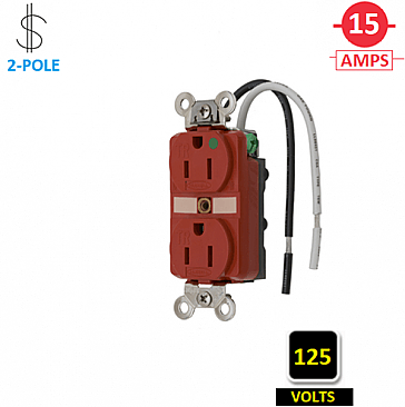 HBL8200SGRA Hubbell 15A 125V HOSPITAL-GRADE DUPLEX RECEPTACLE WITH WIRE LEADS, RED