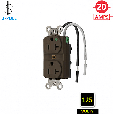 HBL8300SGA Hubbell 20A 125V HOSPITAL-GRADE DUPLEX RECEPTACLE WITH WIRE LEADS, BROWN