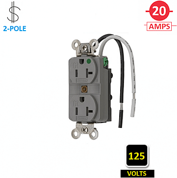 HBL8300SGGYA Hubbell 20A 125V HOSPITAL-GRADE DUPLEX RECEPTACLE WITH WIRE LEADS, GREY