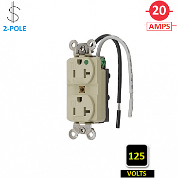 HBL8300SGIA Hubbell 20A 125V HOSPITAL-GRADE DUPLEX RECEPTACLE WITH WIRE LEADS, IVORY