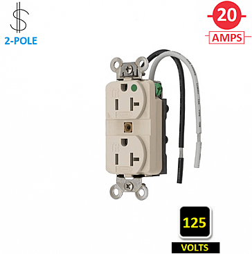 HBL8300SGLA Hubbell 20A 125V HOSPITAL-GRADE DUPLEX RECEPTACLE WITH WIRE LEADS, LIGHT ALMOND