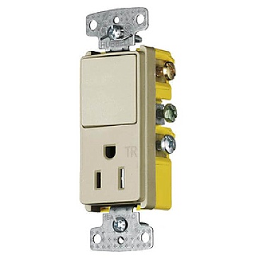 RCD308ITR Hubbell COMBINATION 1 POLE SWITCH + 15 AMP RECEPTACLE TR IVORY