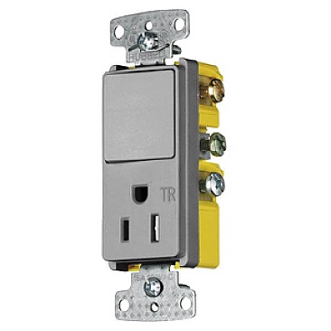 RCD308GYTR Hubbell COMBINATION 1 POLE SWITCH + 15 AMP RECEPTACLE TR GREY