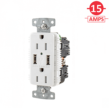 USB15A5W, HUBBELL, TRADE, SELECT, 15A, RECEPTACLE, WITH, 5A, USB, PORTS, WHITE