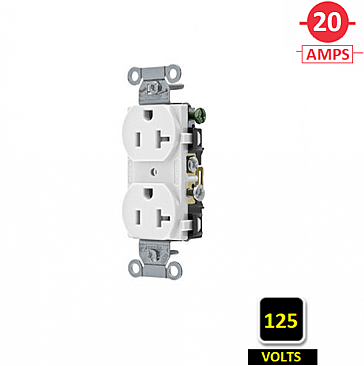 CR20WHITR Hubbell 20A 125V TAMPER-PROOF SPEC GRADE DUPLEX RECEPTACLE, WHITE, SIDE-WIRED ONLY