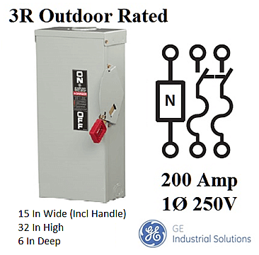 TH3224RC, GE/ABB, HD, WP, FUSED, DISCONNECT, 200AMP, 240V, 1PHASE, SE, RATED, 3R