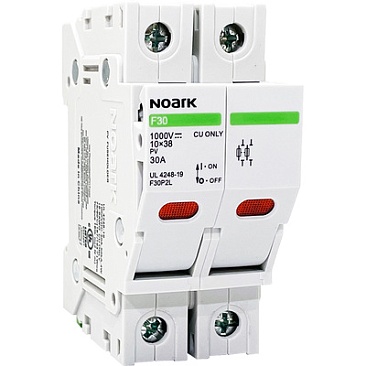 The Noark F30CC2 is a 2-pole Class CC fuse holder rated for 30A and 600Vac/Vdc.